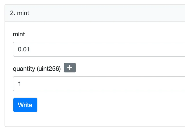 Etherscan の Write Contract で mint（0.01 ETH, quantity 1）を呼ぶ画面（2022-03-09）