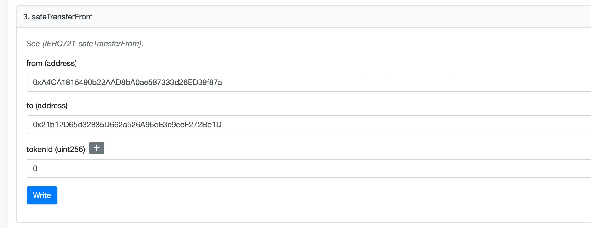 Etherscan の Write Contract で safeTransferFrom（from / to / tokenId）を呼ぶ画面（2022-03-10）